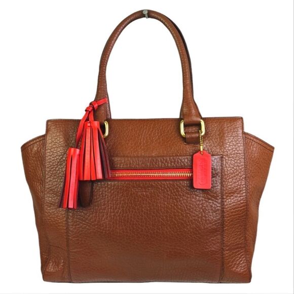 COACH LEGACY PEBBLED BROWN RED TASSELS HANDBAG PURSE TOTE - Picture 1 of 12